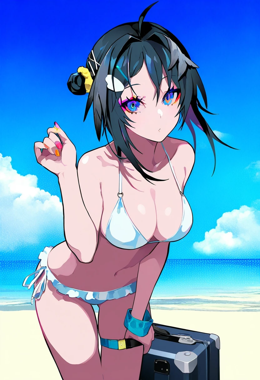 (lam \(ramdayo\)), - 1girl,la pluma \(summer flowers\) \(arknights\),arknights,white bikini,outdoors,navel,day,sky,blue sky,beach,suitcase,looking at viewer,ocean,low-tied long hair,leaning forward,standing,holding,frills,hand up,bare shoulders,floating hair,