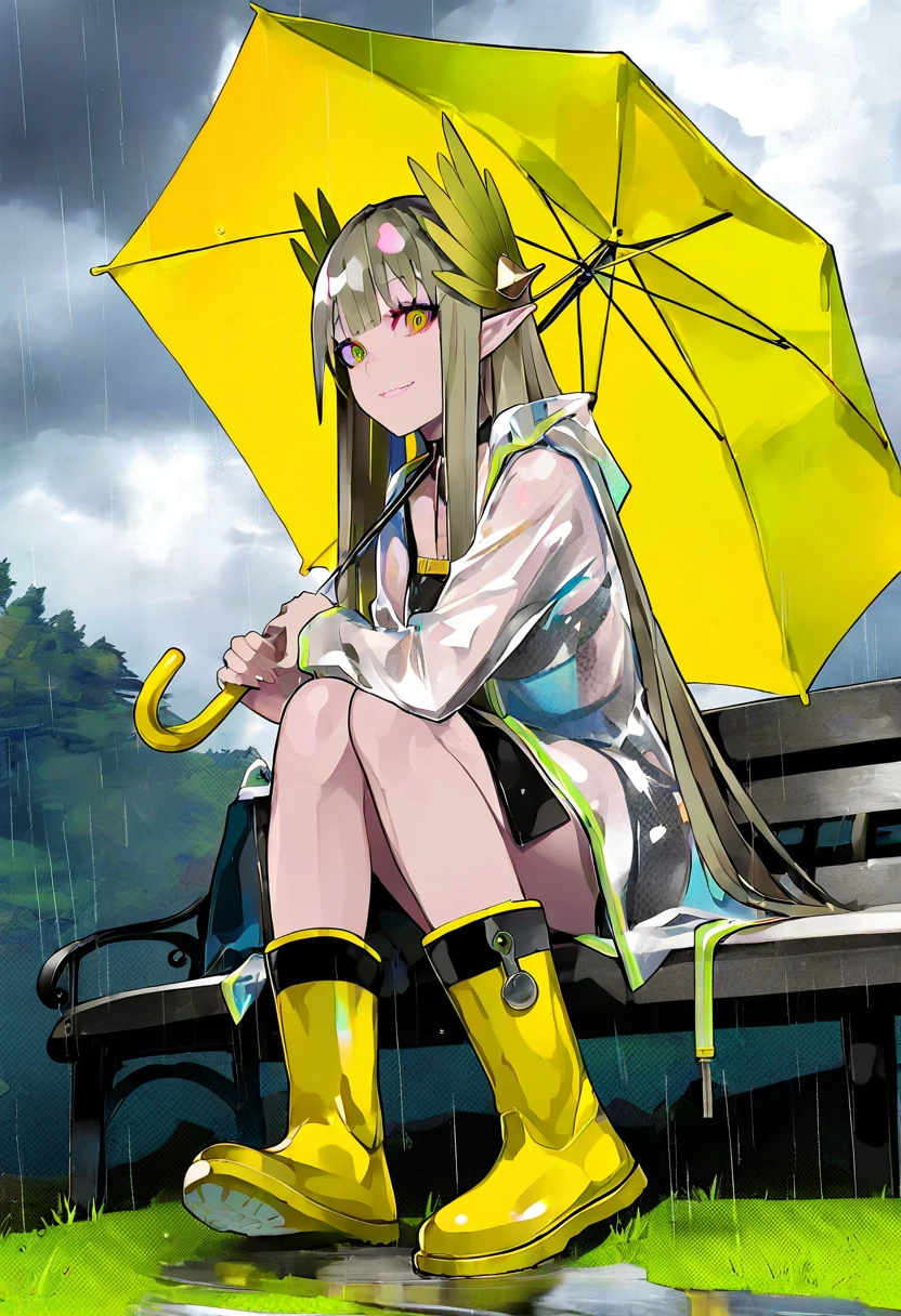 (lam \(ramdayo\)), - 1girl,muelsyse \(arknights\),arknights,cloudy sky,grass,on bench,outdoors,rain,road,yellow rubber boots,see-through coat,sitting,transparent raincoat,water drop,
