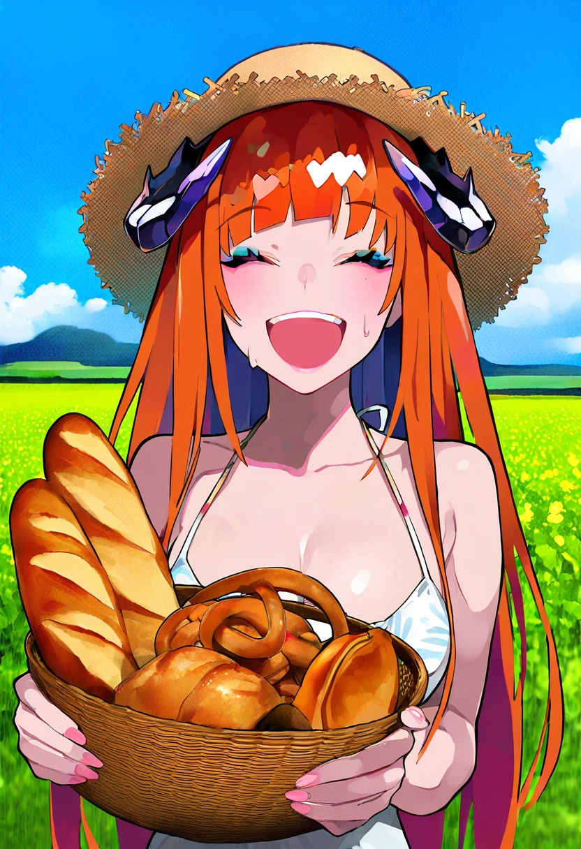(lam \(ramdayo\)), - 1girl,bagpipe \(arknights\),arknights,baguette,blush,bread,croissant,holding basket,pretzel,upper body,straw hat,field,sky,laughing,sweat,sunlight,