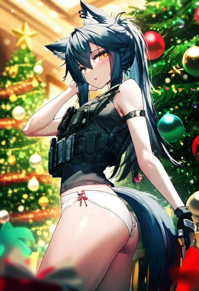 QYS3, - 1girl,texas \(arknights\),arknights,underwear,tactical vest,christmas tree,christmas ornaments,