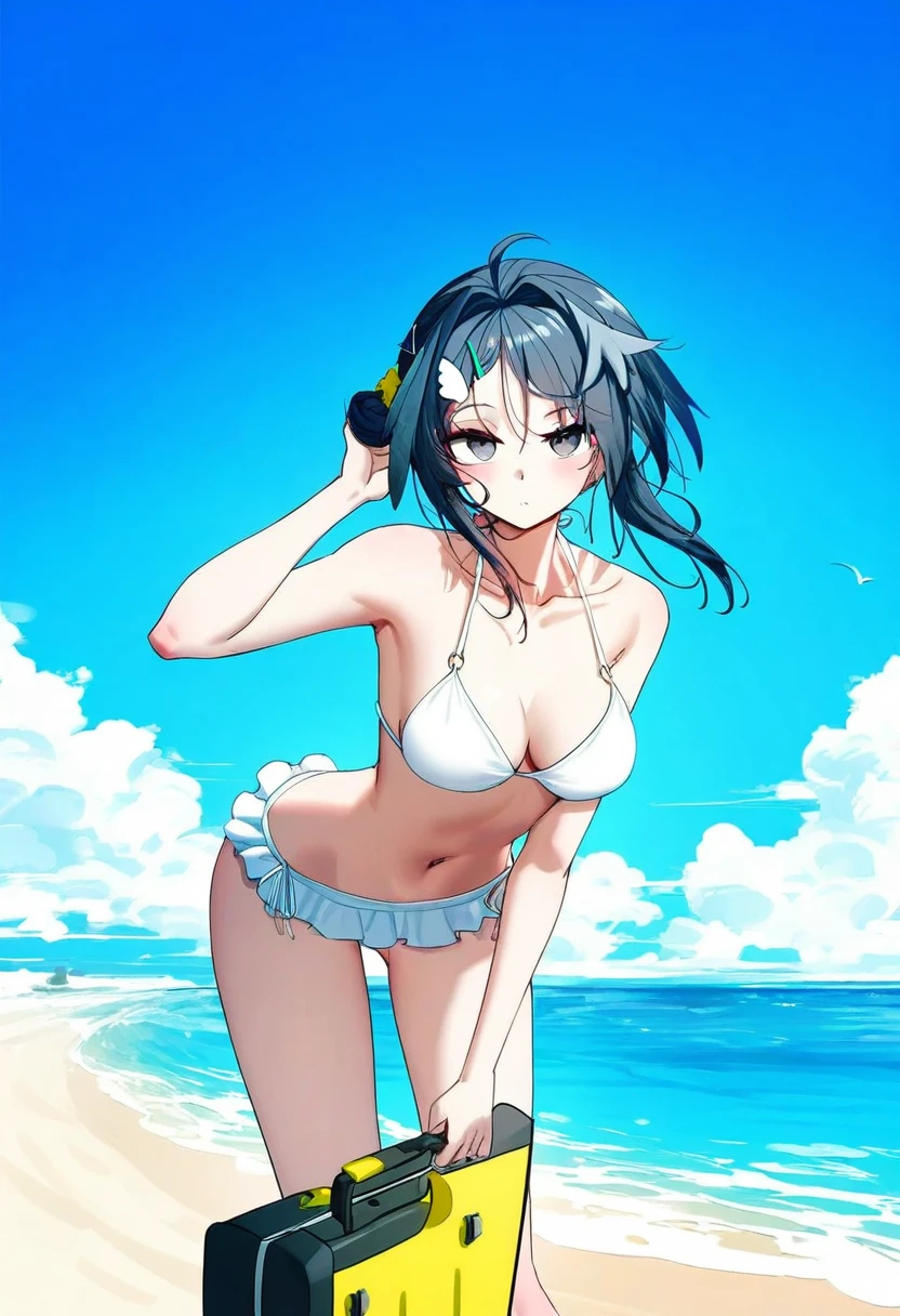 QYS3, - 1girl,la pluma \(summer flowers\) \(arknights\),arknights,white bikini,outdoors,navel,day,sky,blue sky,beach,suitcase,looking at viewer,ocean,low-tied long hair,leaning forward,standing,holding,frills,hand up,bare shoulders,floating hair,