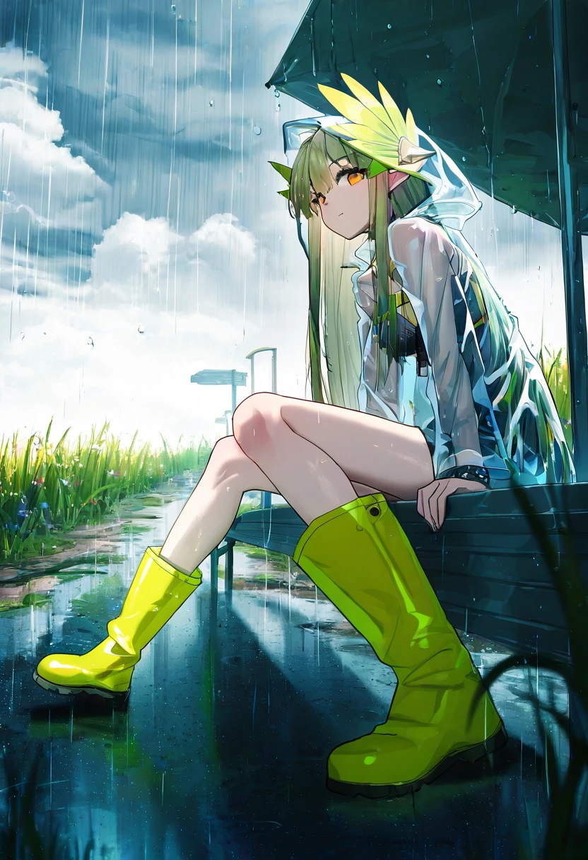 QYS3, - 1girl,muelsyse \(arknights\),arknights,cloudy sky,grass,on bench,outdoors,rain,road,yellow rubber boots,see-through coat,sitting,transparent raincoat,water drop,