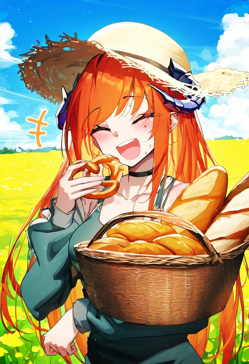 QYS3, - 1girl,bagpipe \(arknights\),arknights,baguette,blush,bread,croissant,holding basket,pretzel,upper body,straw hat,field,sky,laughing,sweat,sunlight,