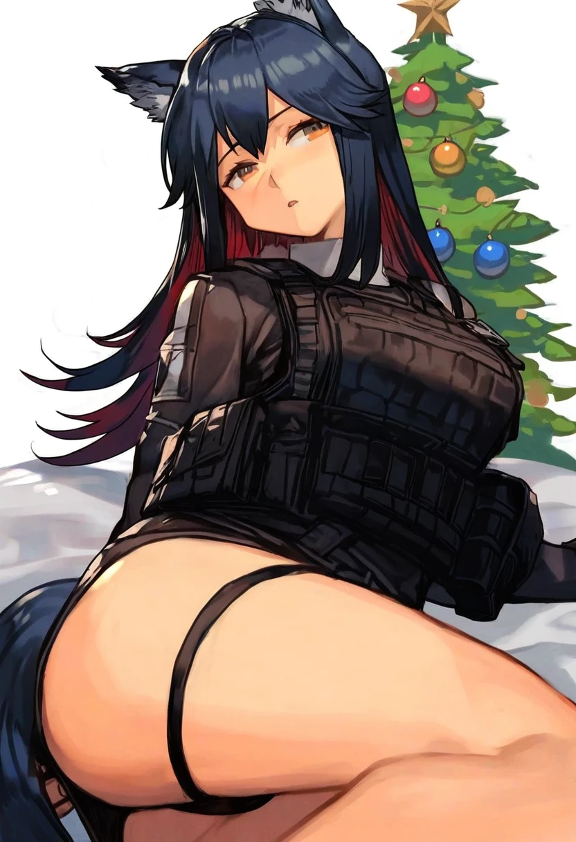 hungry clicker, - 1girl,texas \(arknights\),arknights,underwear,tactical vest,christmas tree,christmas ornaments,
