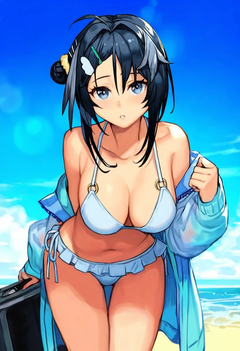 hungry clicker, - 1girl,la pluma \(summer flowers\) \(arknights\),arknights,white bikini,outdoors,navel,day,sky,blue sky,beach,suitcase,looking at viewer,ocean,low-tied long hair,leaning forward,standing,holding,frills,hand up,bare shoulders,floating hair,