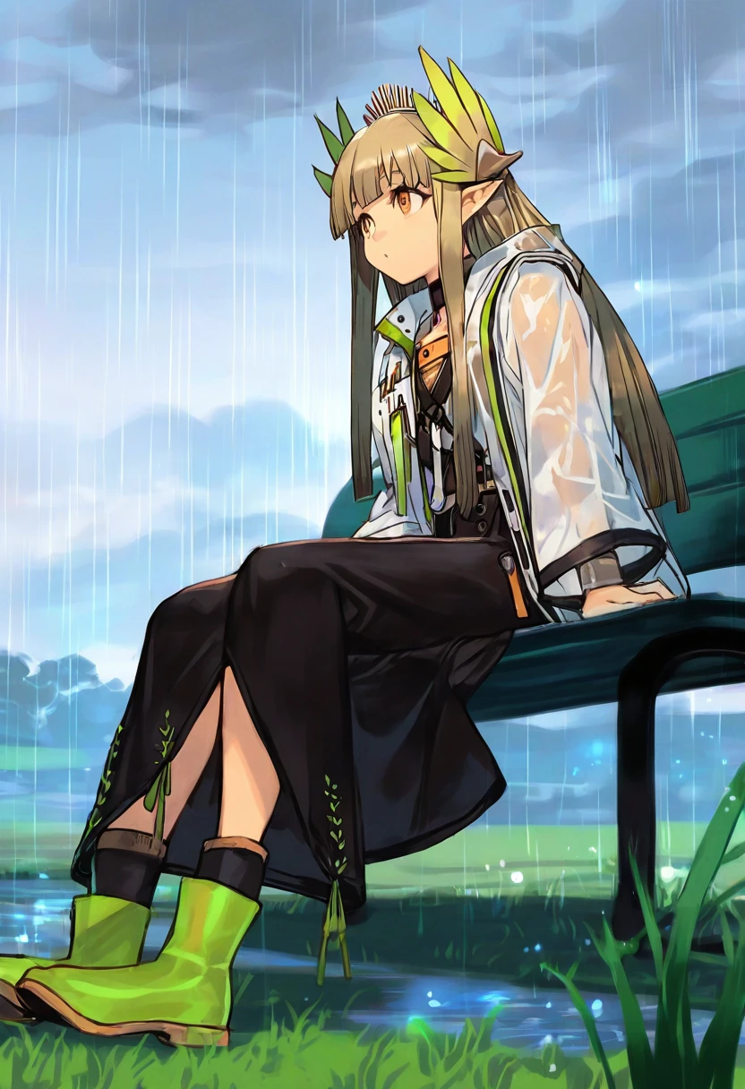 hungry clicker, - 1girl,muelsyse \(arknights\),arknights,cloudy sky,grass,on bench,outdoors,rain,road,yellow rubber boots,see-through coat,sitting,transparent raincoat,water drop,