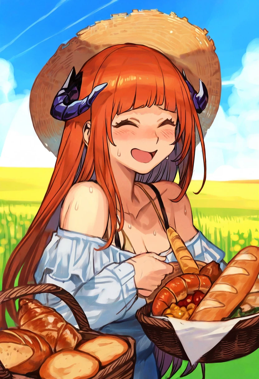 hungry clicker, - 1girl,bagpipe \(arknights\),arknights,baguette,blush,bread,croissant,holding basket,pretzel,upper body,straw hat,field,sky,laughing,sweat,sunlight,