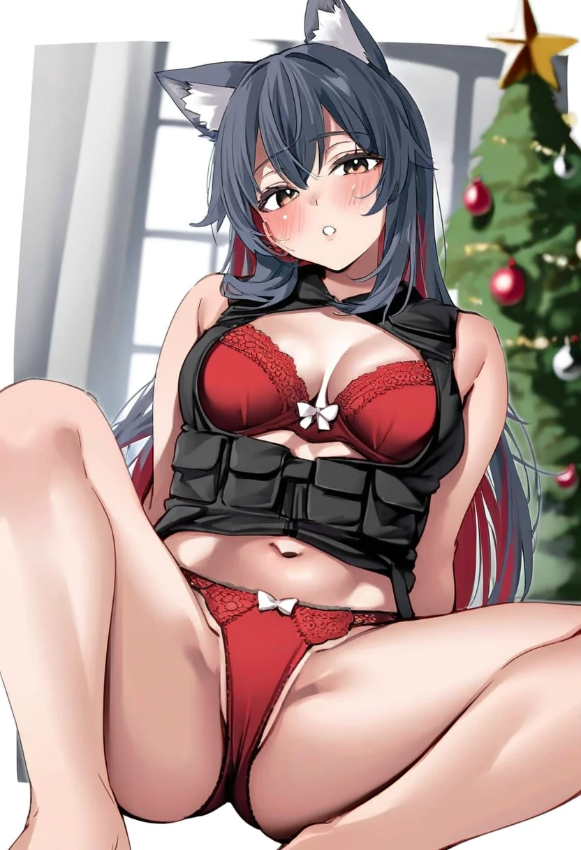 ebifurya, - 1girl,texas \(arknights\),arknights,underwear,tactical vest,christmas tree,christmas ornaments,