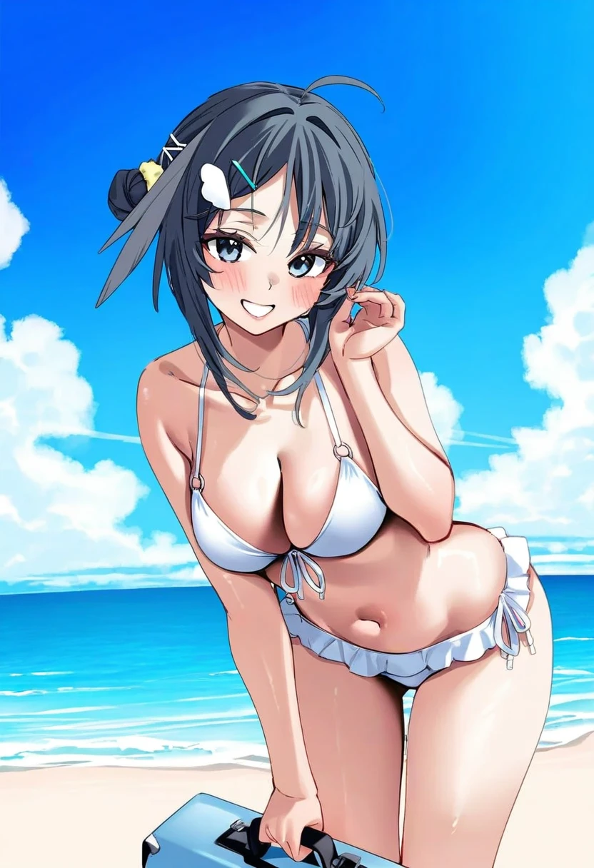 ebifurya, - 1girl,la pluma \(summer flowers\) \(arknights\),arknights,white bikini,outdoors,navel,day,sky,blue sky,beach,suitcase,looking at viewer,ocean,low-tied long hair,leaning forward,standing,holding,frills,hand up,bare shoulders,floating hair,