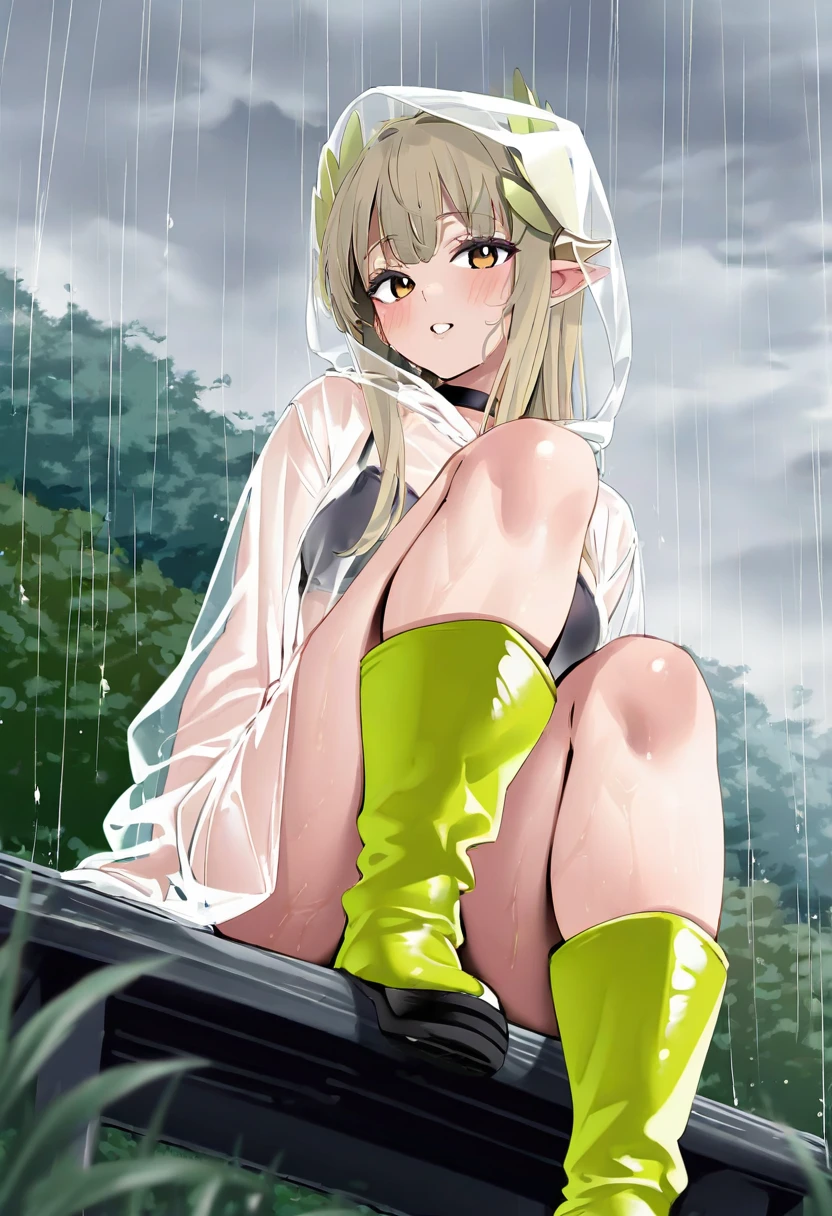 ebifurya, - 1girl,muelsyse \(arknights\),arknights,cloudy sky,grass,on bench,outdoors,rain,road,yellow rubber boots,see-through coat,sitting,transparent raincoat,water drop,