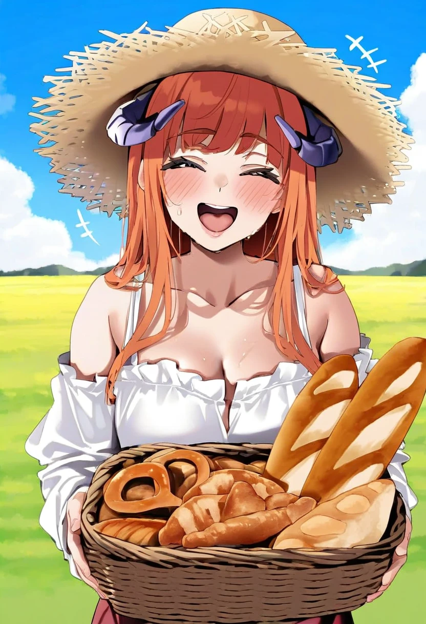 ebifurya, - 1girl,bagpipe \(arknights\),arknights,baguette,blush,bread,croissant,holding basket,pretzel,upper body,straw hat,field,sky,laughing,sweat,sunlight,