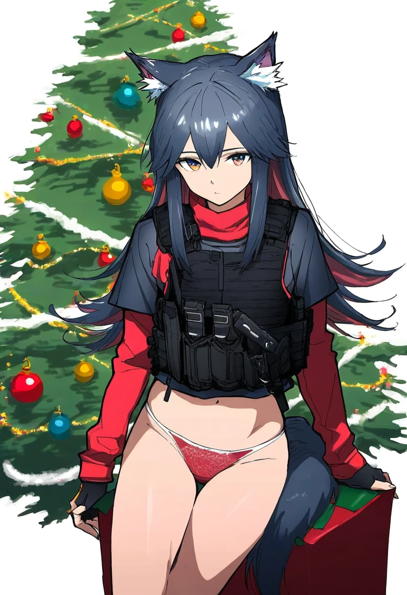 imaishi hiroyuki, - 1girl,texas \(arknights\),arknights,underwear,tactical vest,christmas tree,christmas ornaments,