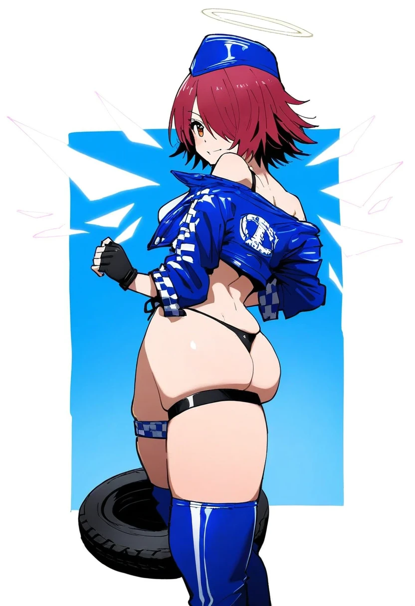 imaishi hiroyuki, - 1girl,exusiai \(arknights\),arknights,black gloves,black panties,blue thigh boots,blue hat,blue jacket,long sleeves,race queen,thigh strap,thong,single bare shoulder,skindentation,tire,