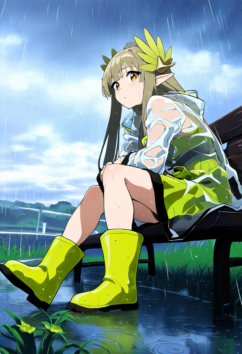 imaishi hiroyuki, - 1girl,muelsyse \(arknights\),arknights,cloudy sky,grass,on bench,outdoors,rain,road,yellow rubber boots,see-through coat,sitting,transparent raincoat,water drop,