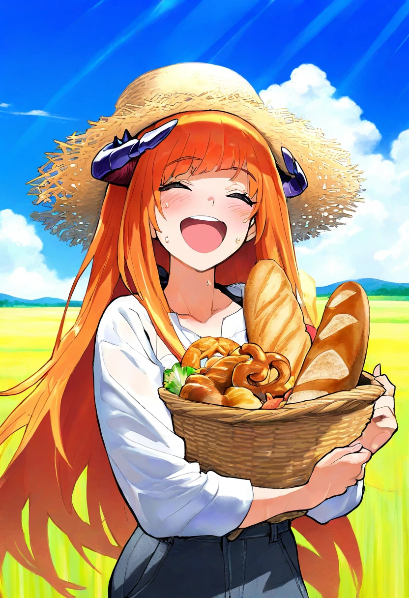 imaishi hiroyuki, - 1girl,bagpipe \(arknights\),arknights,baguette,blush,bread,croissant,holding basket,pretzel,upper body,straw hat,field,sky,laughing,sweat,sunlight,