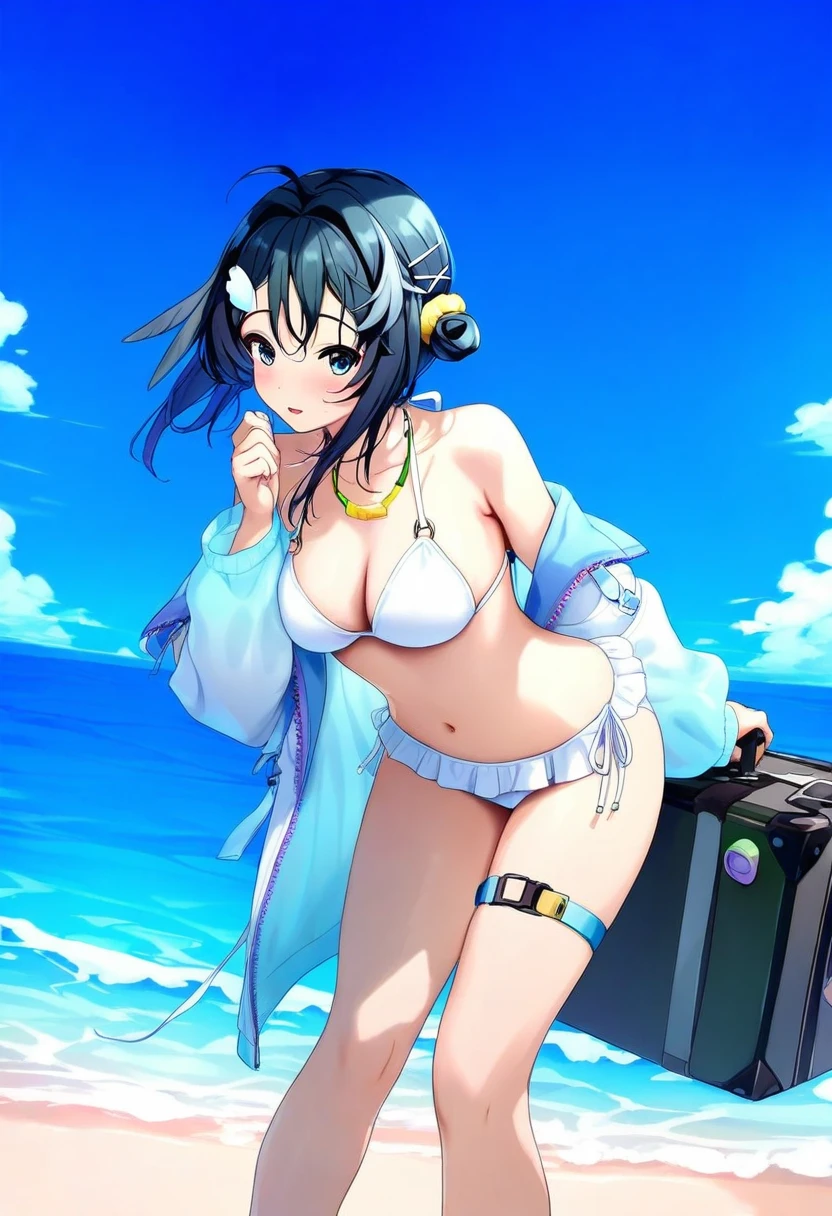 mdf an, - 1girl,la pluma \(summer flowers\) \(arknights\),arknights,white bikini,outdoors,navel,day,sky,blue sky,beach,suitcase,looking at viewer,ocean,low-tied long hair,leaning forward,standing,holding,frills,hand up,bare shoulders,floating hair,