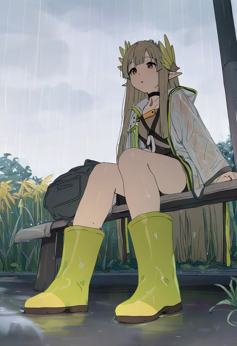 mdf an, - 1girl,muelsyse \(arknights\),arknights,cloudy sky,grass,on bench,outdoors,rain,road,yellow rubber boots,see-through coat,sitting,transparent raincoat,water drop,