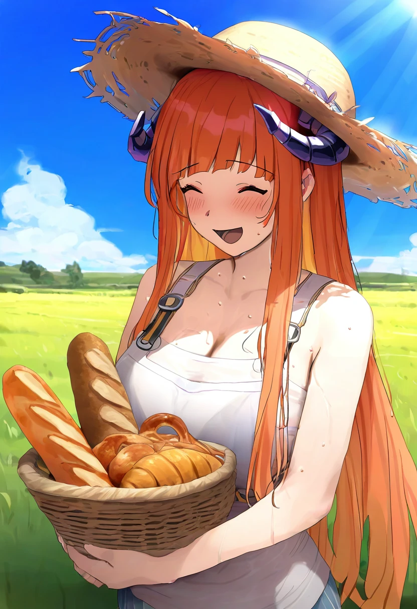mdf an, - 1girl,bagpipe \(arknights\),arknights,baguette,blush,bread,croissant,holding basket,pretzel,upper body,straw hat,field,sky,laughing,sweat,sunlight,