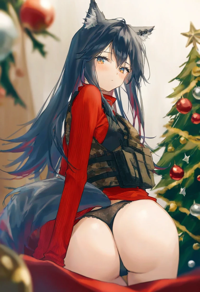 (cha chya), - 1girl,texas \(arknights\),arknights,underwear,tactical vest,christmas tree,christmas ornaments,