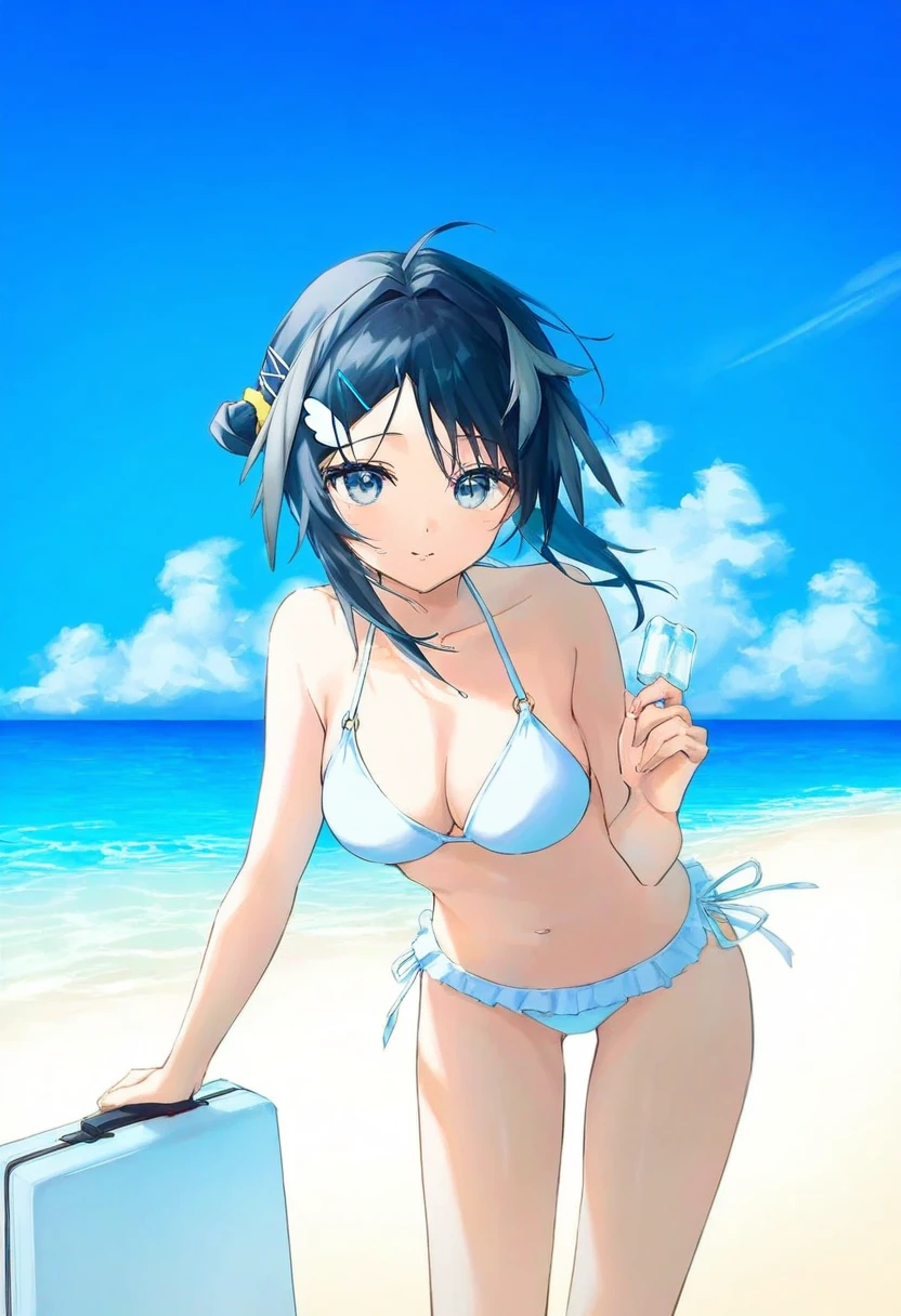 (cha chya), - 1girl,la pluma \(summer flowers\) \(arknights\),arknights,white bikini,outdoors,navel,day,sky,blue sky,beach,suitcase,looking at viewer,ocean,low-tied long hair,leaning forward,standing,holding,frills,hand up,bare shoulders,floating hair,