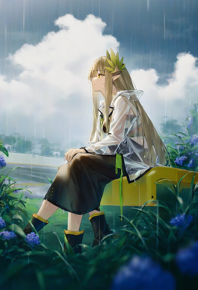 (cha chya), - 1girl,muelsyse \(arknights\),arknights,cloudy sky,grass,on bench,outdoors,rain,road,yellow rubber boots,see-through coat,sitting,transparent raincoat,water drop,