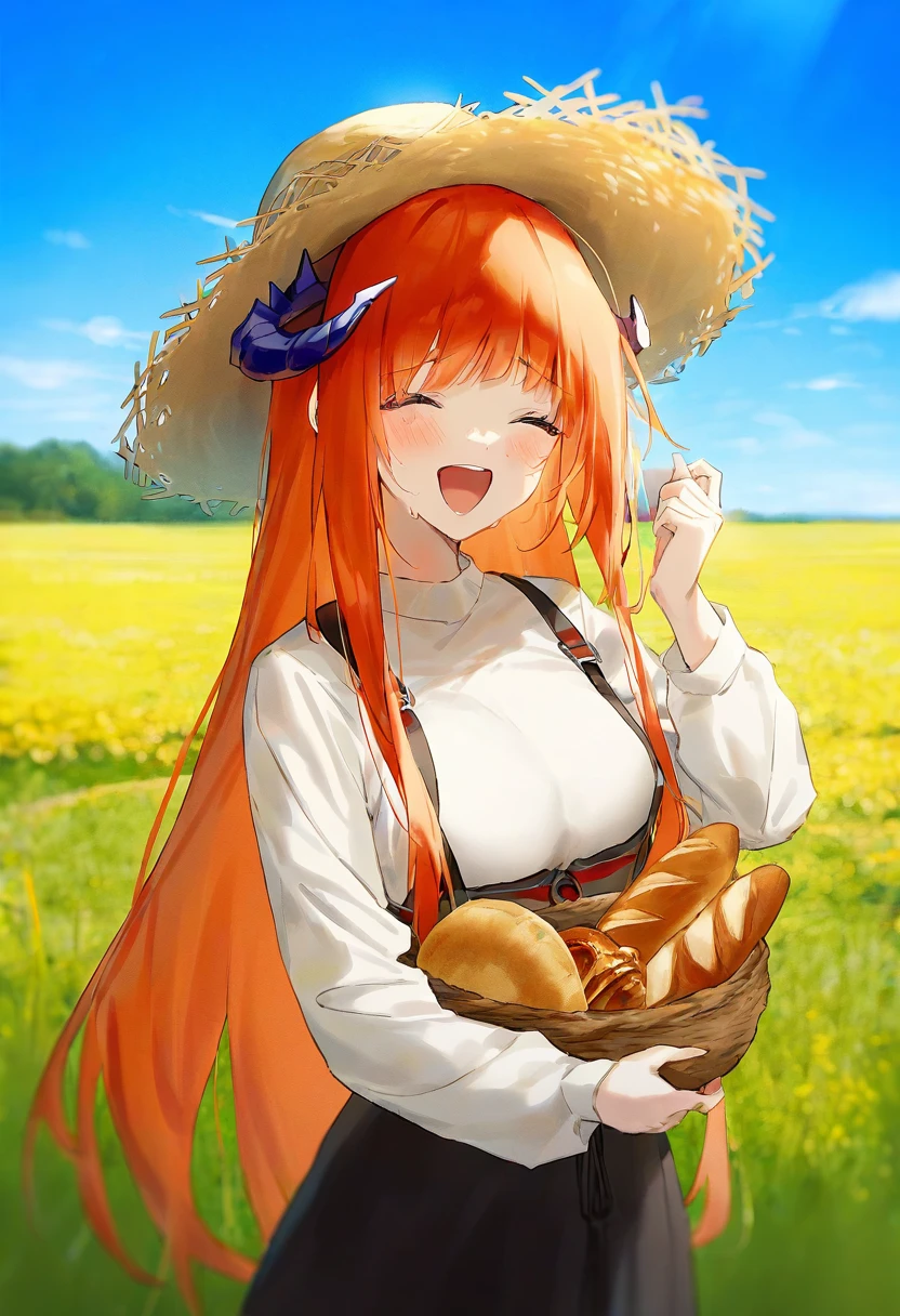 (cha chya), - 1girl,bagpipe \(arknights\),arknights,baguette,blush,bread,croissant,holding basket,pretzel,upper body,straw hat,field,sky,laughing,sweat,sunlight,