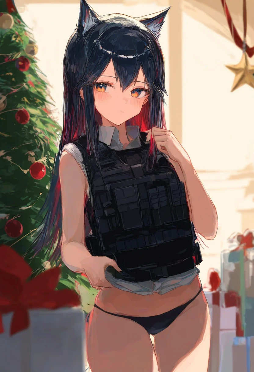 ichika \(ichika87\), - 1girl,texas \(arknights\),arknights,underwear,tactical vest,christmas tree,christmas ornaments,