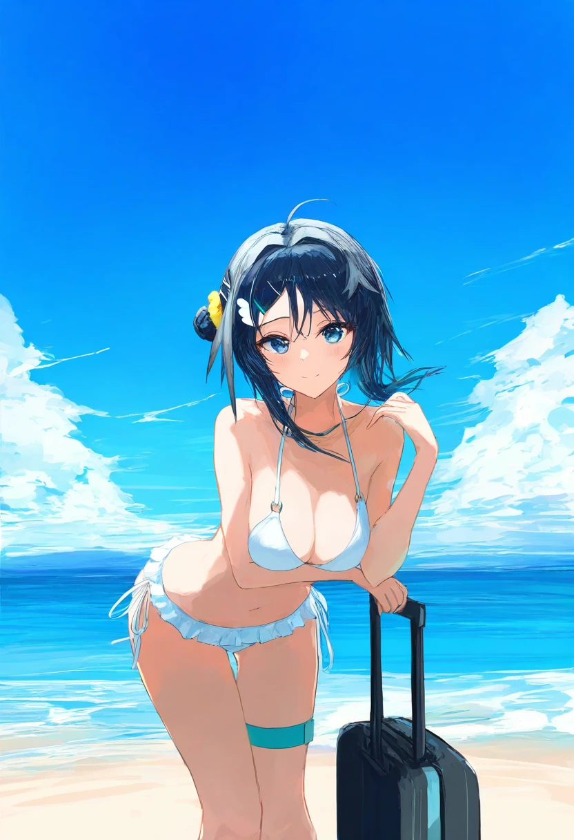ichika \(ichika87\), - 1girl,la pluma \(summer flowers\) \(arknights\),arknights,white bikini,outdoors,navel,day,sky,blue sky,beach,suitcase,looking at viewer,ocean,low-tied long hair,leaning forward,standing,holding,frills,hand up,bare shoulders,floating hair,