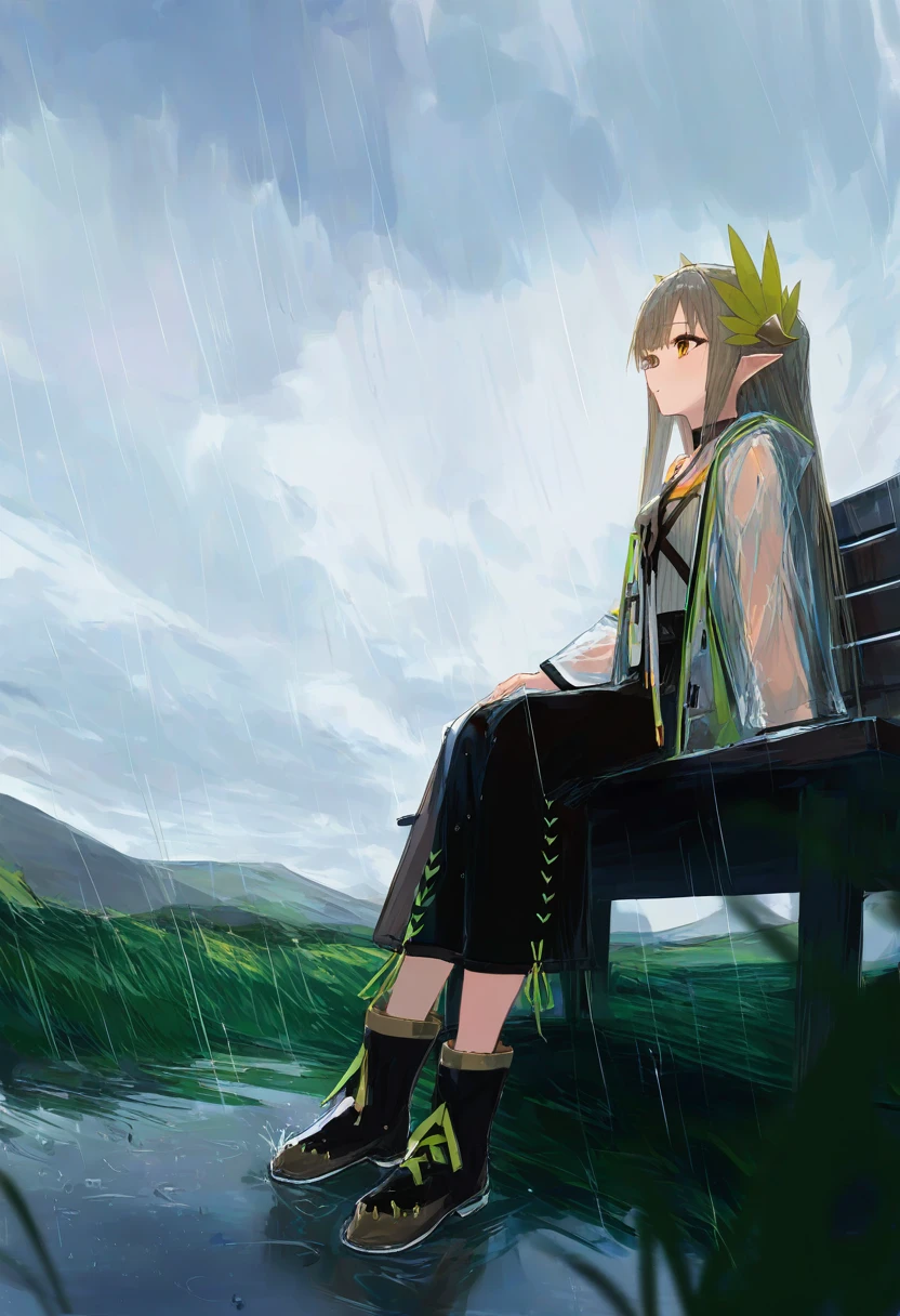 ichika \(ichika87\), - 1girl,muelsyse \(arknights\),arknights,cloudy sky,grass,on bench,outdoors,rain,road,yellow rubber boots,see-through coat,sitting,transparent raincoat,water drop,