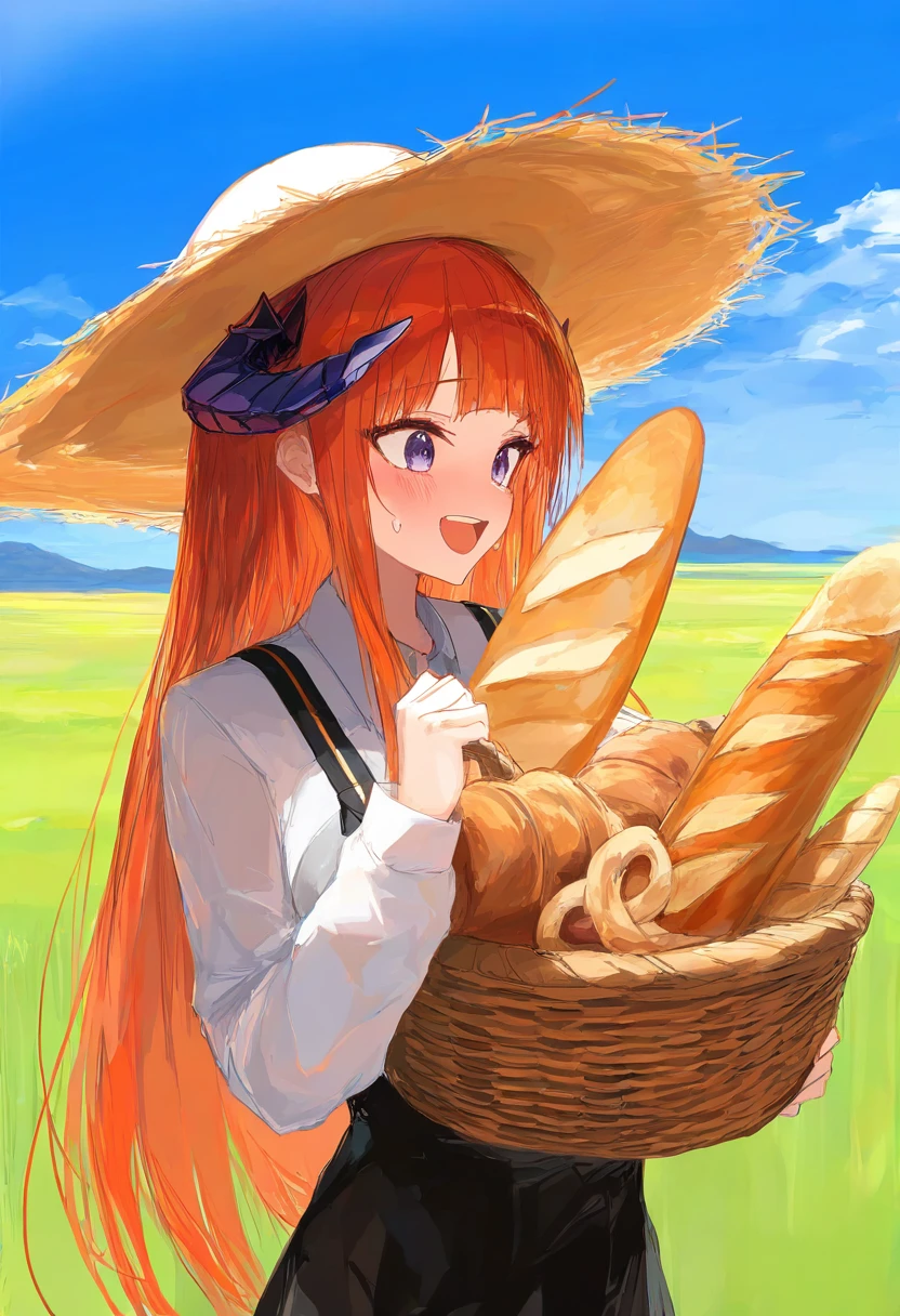 ichika \(ichika87\), - 1girl,bagpipe \(arknights\),arknights,baguette,blush,bread,croissant,holding basket,pretzel,upper body,straw hat,field,sky,laughing,sweat,sunlight,