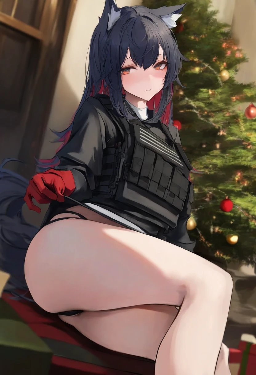 leviathan \(hikinito0902\), - 1girl,texas \(arknights\),arknights,underwear,tactical vest,christmas tree,christmas ornaments,