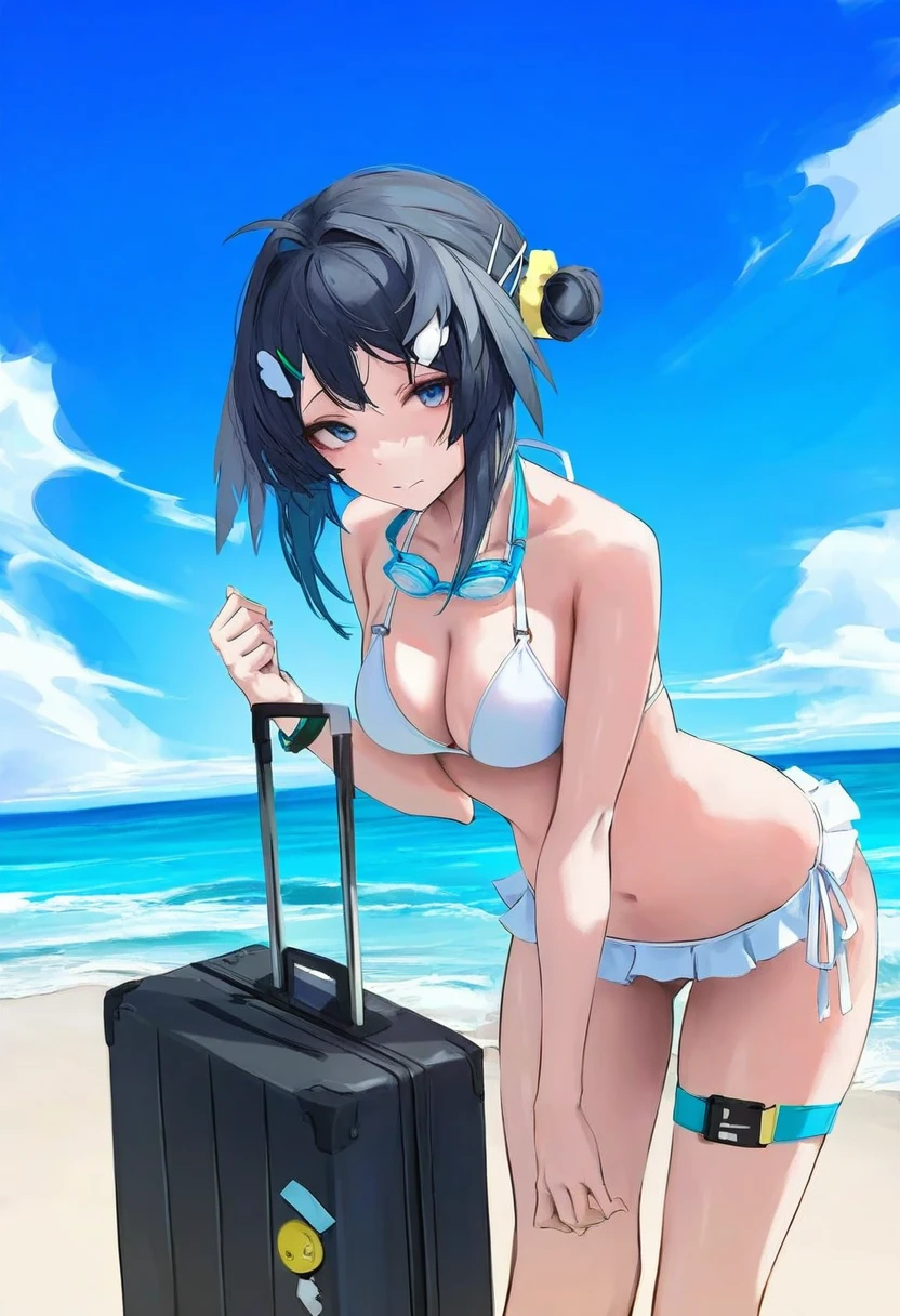 leviathan \(hikinito0902\), - 1girl,la pluma \(summer flowers\) \(arknights\),arknights,white bikini,outdoors,navel,day,sky,blue sky,beach,suitcase,looking at viewer,ocean,low-tied long hair,leaning forward,standing,holding,frills,hand up,bare shoulders,floating hair,