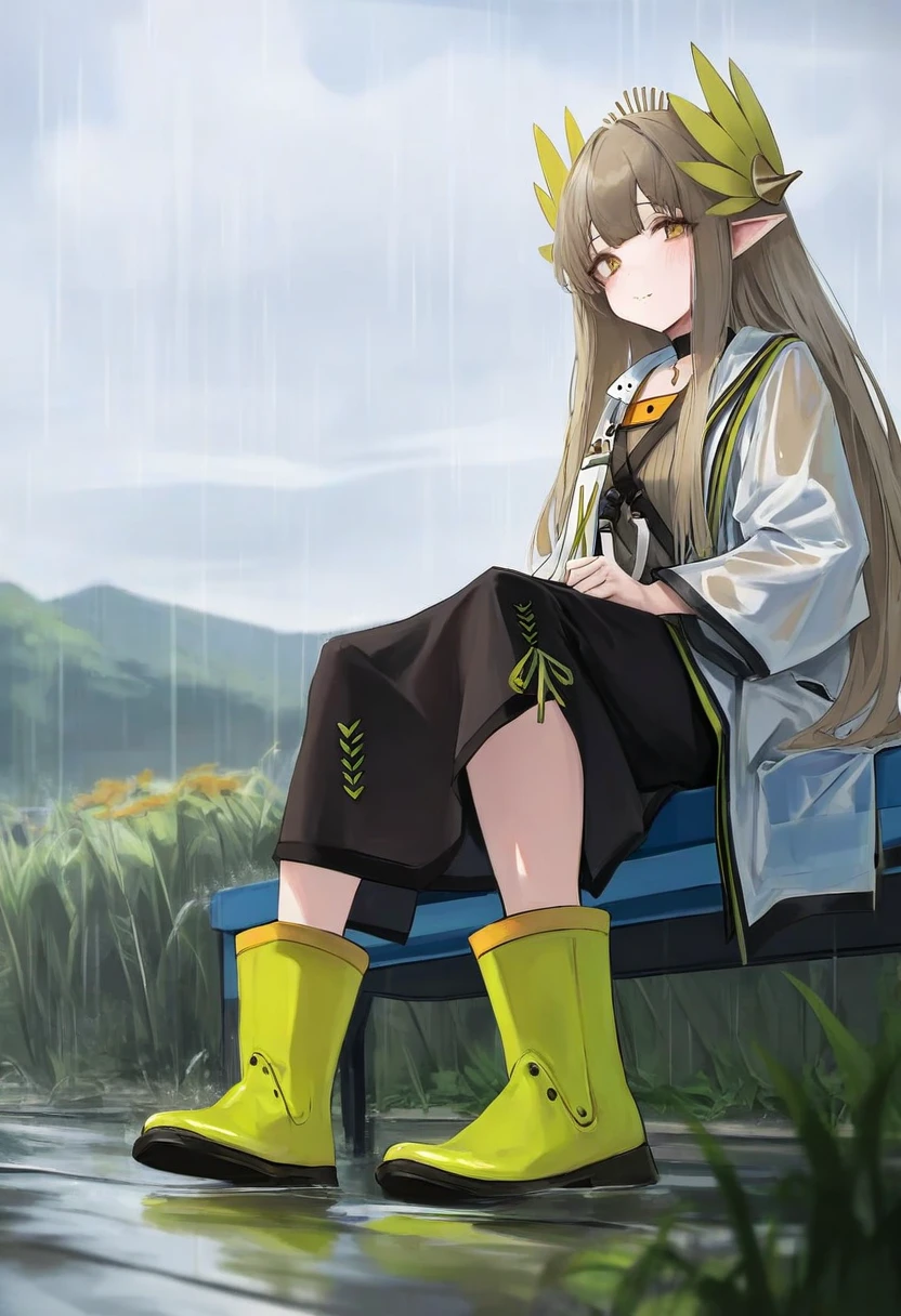 leviathan \(hikinito0902\), - 1girl,muelsyse \(arknights\),arknights,cloudy sky,grass,on bench,outdoors,rain,road,yellow rubber boots,see-through coat,sitting,transparent raincoat,water drop,