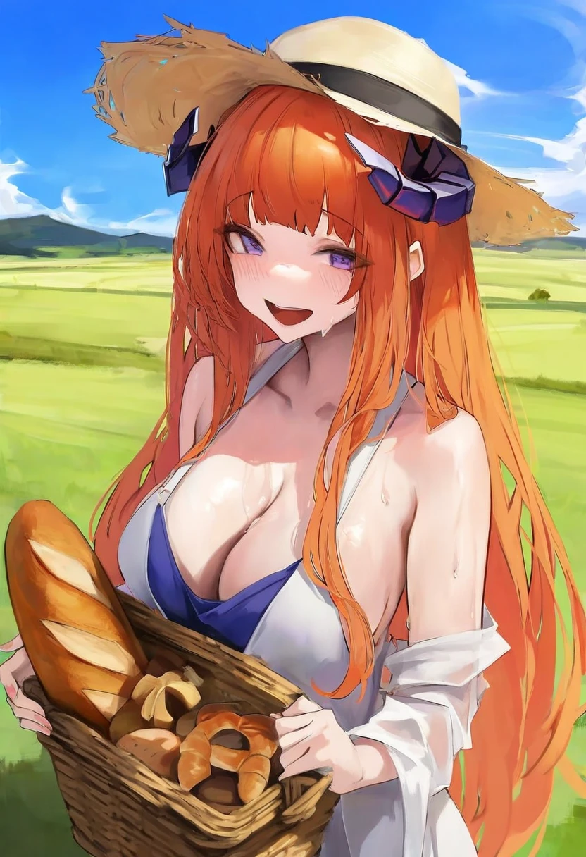 leviathan \(hikinito0902\), - 1girl,bagpipe \(arknights\),arknights,baguette,blush,bread,croissant,holding basket,pretzel,upper body,straw hat,field,sky,laughing,sweat,sunlight,