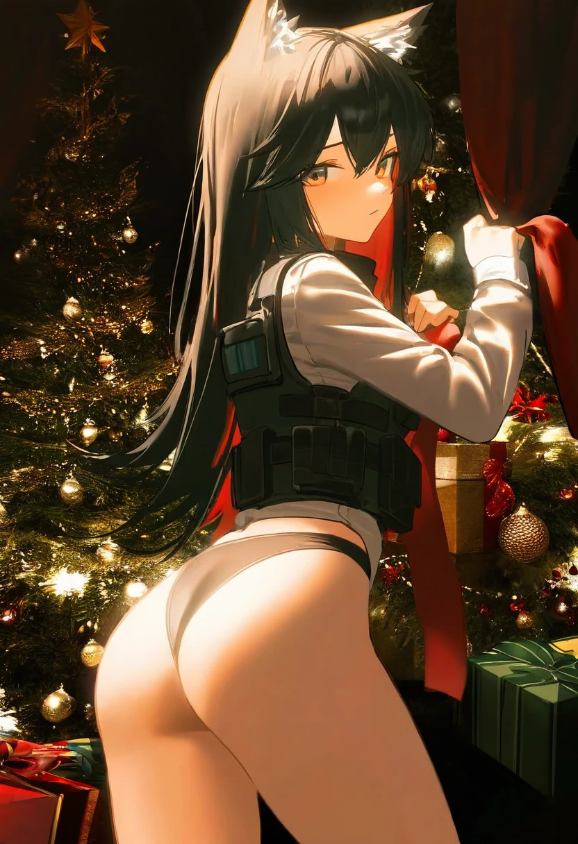 reoenl, - 1girl,texas \(arknights\),arknights,underwear,tactical vest,christmas tree,christmas ornaments,