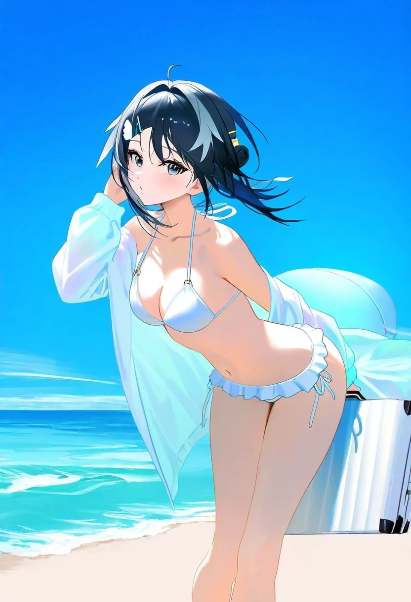 reoenl, - 1girl,la pluma \(summer flowers\) \(arknights\),arknights,white bikini,outdoors,navel,day,sky,blue sky,beach,suitcase,looking at viewer,ocean,low-tied long hair,leaning forward,standing,holding,frills,hand up,bare shoulders,floating hair,