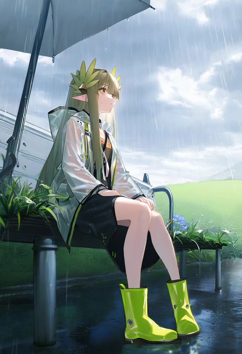reoenl, - 1girl,muelsyse \(arknights\),arknights,cloudy sky,grass,on bench,outdoors,rain,road,yellow rubber boots,see-through coat,sitting,transparent raincoat,water drop,