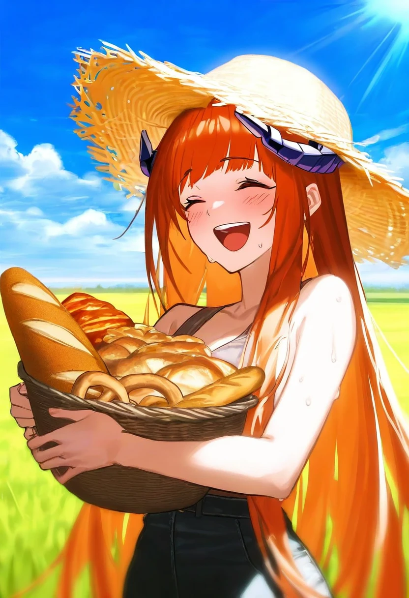 reoenl, - 1girl,bagpipe \(arknights\),arknights,baguette,blush,bread,croissant,holding basket,pretzel,upper body,straw hat,field,sky,laughing,sweat,sunlight,