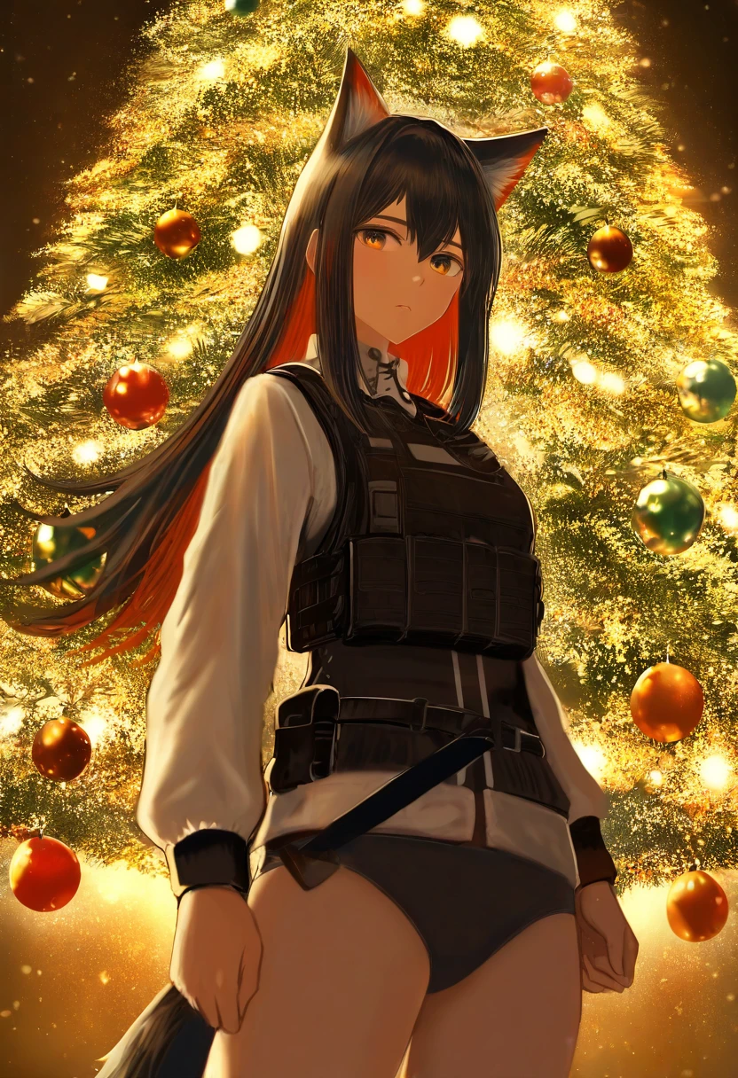 [[sakimori \(hououbds\)]], - 1girl,texas \(arknights\),arknights,underwear,tactical vest,christmas tree,christmas ornaments,