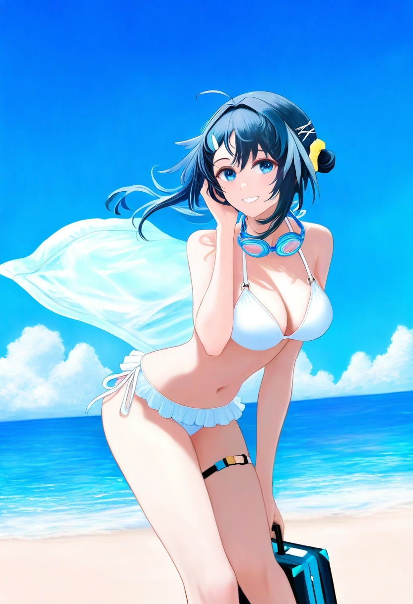 [[sakimori \(hououbds\)]], - 1girl,la pluma \(summer flowers\) \(arknights\),arknights,white bikini,outdoors,navel,day,sky,blue sky,beach,suitcase,looking at viewer,ocean,low-tied long hair,leaning forward,standing,holding,frills,hand up,bare shoulders,floating hair,