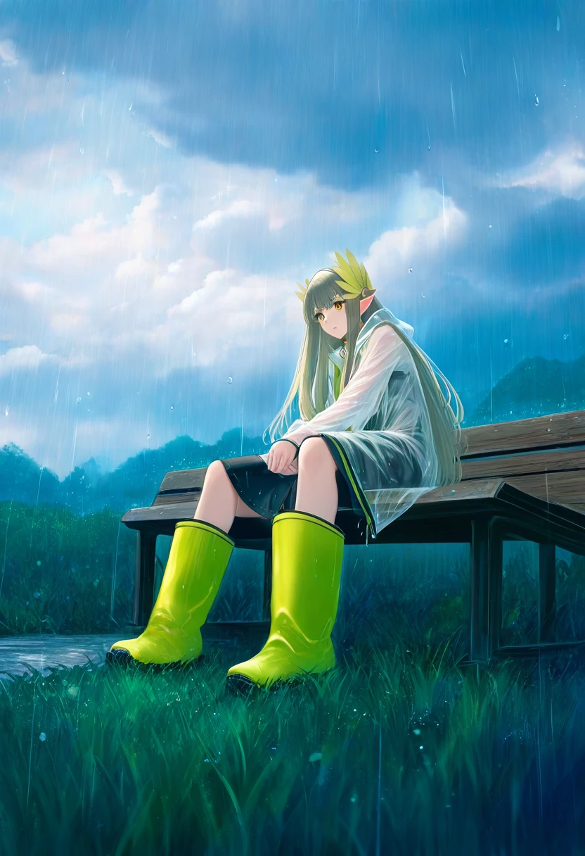 [[sakimori \(hououbds\)]], - 1girl,muelsyse \(arknights\),arknights,cloudy sky,grass,on bench,outdoors,rain,road,yellow rubber boots,see-through coat,sitting,transparent raincoat,water drop,