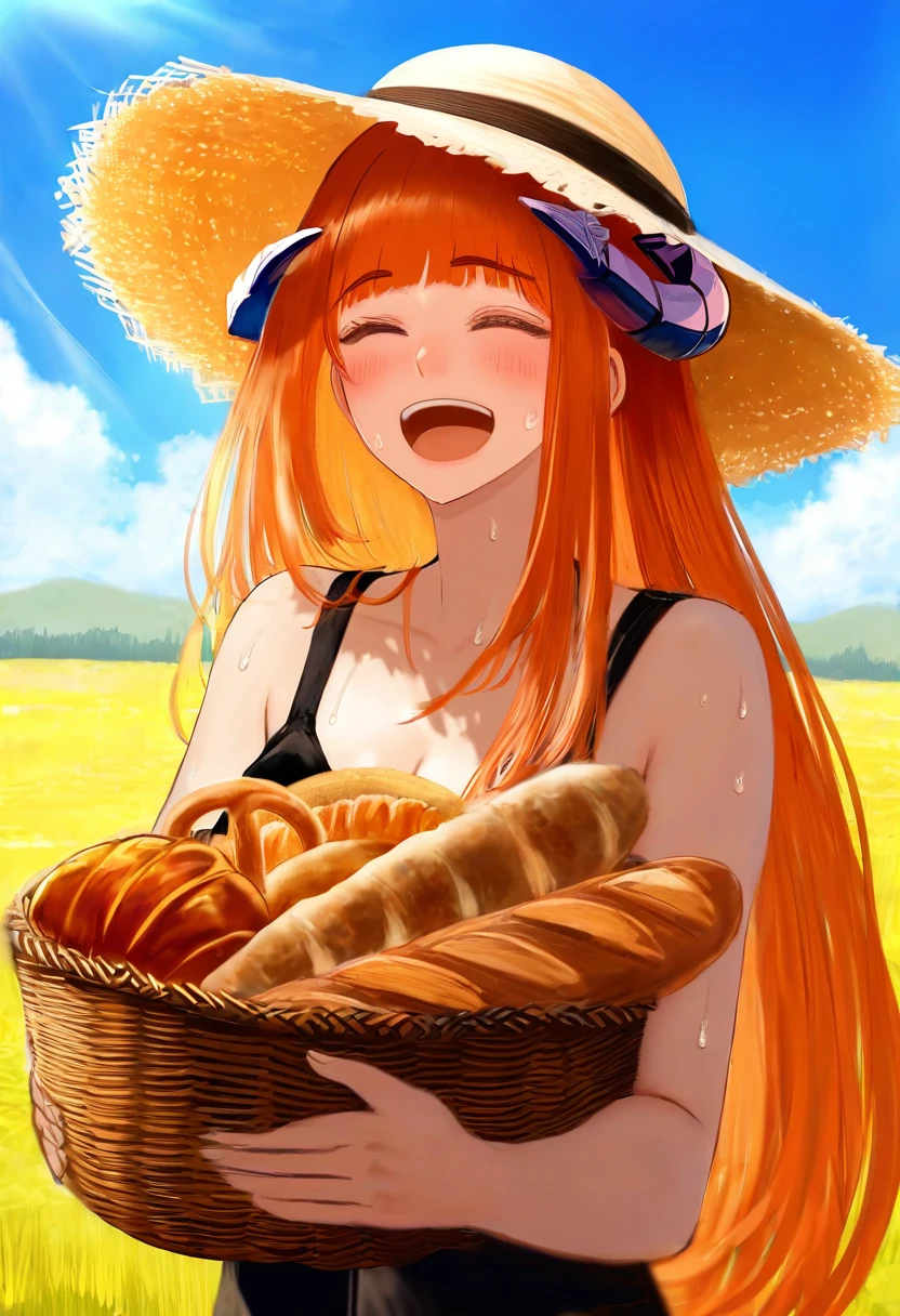 [[sakimori \(hououbds\)]], - 1girl,bagpipe \(arknights\),arknights,baguette,blush,bread,croissant,holding basket,pretzel,upper body,straw hat,field,sky,laughing,sweat,sunlight,