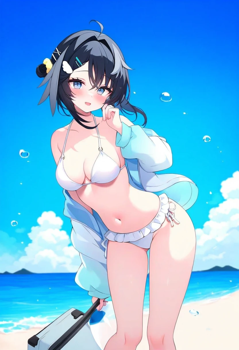 [[muuran]], - 1girl,la pluma \(summer flowers\) \(arknights\),arknights,white bikini,outdoors,navel,day,sky,blue sky,beach,suitcase,looking at viewer,ocean,low-tied long hair,leaning forward,standing,holding,frills,hand up,bare shoulders,floating hair,