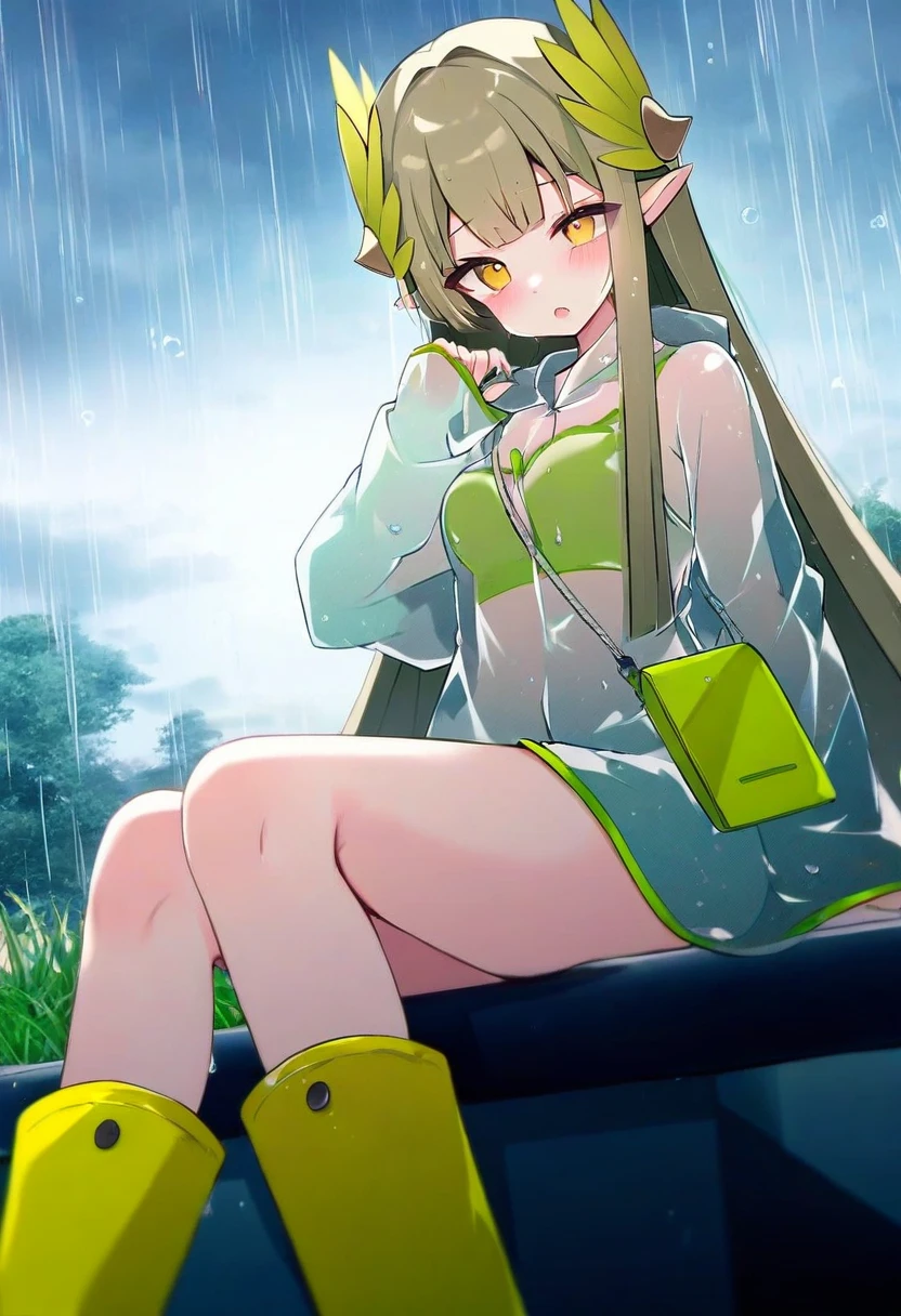 [[muuran]], - 1girl,muelsyse \(arknights\),arknights,cloudy sky,grass,on bench,outdoors,rain,road,yellow rubber boots,see-through coat,sitting,transparent raincoat,water drop,