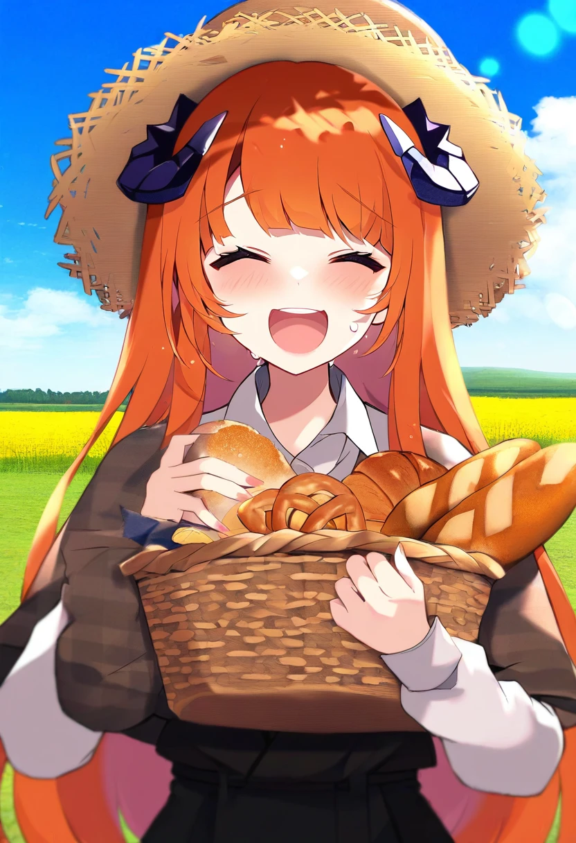 [[muuran]], - 1girl,bagpipe \(arknights\),arknights,baguette,blush,bread,croissant,holding basket,pretzel,upper body,straw hat,field,sky,laughing,sweat,sunlight,