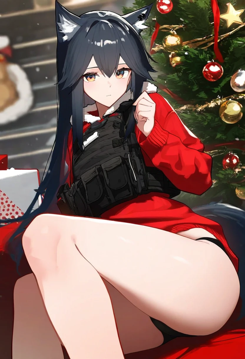 nanmokak, - 1girl,texas \(arknights\),arknights,underwear,tactical vest,christmas tree,christmas ornaments,