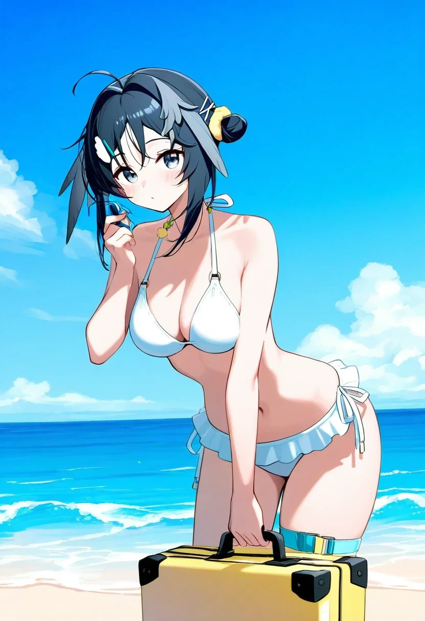 nanmokak, - 1girl,la pluma \(summer flowers\) \(arknights\),arknights,white bikini,outdoors,navel,day,sky,blue sky,beach,suitcase,looking at viewer,ocean,low-tied long hair,leaning forward,standing,holding,frills,hand up,bare shoulders,floating hair,