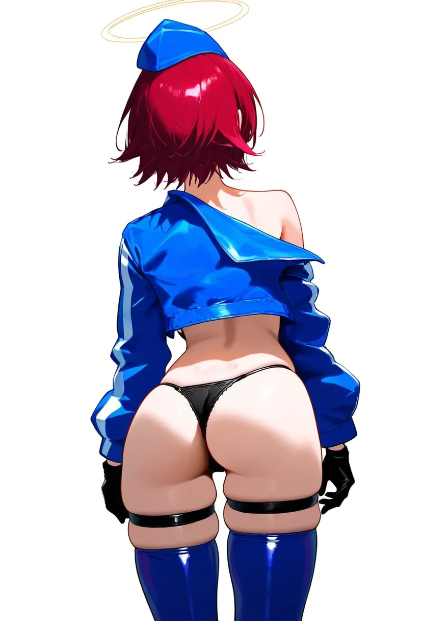 nanmokak, - 1girl,exusiai \(arknights\),arknights,black gloves,black panties,blue thigh boots,blue hat,blue jacket,long sleeves,race queen,thigh strap,thong,single bare shoulder,skindentation,tire,