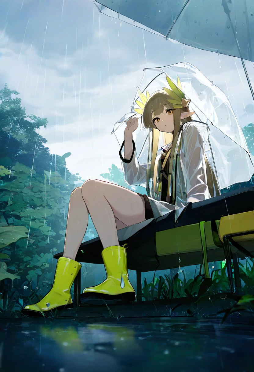 nanmokak, - 1girl,muelsyse \(arknights\),arknights,cloudy sky,grass,on bench,outdoors,rain,road,yellow rubber boots,see-through coat,sitting,transparent raincoat,water drop,