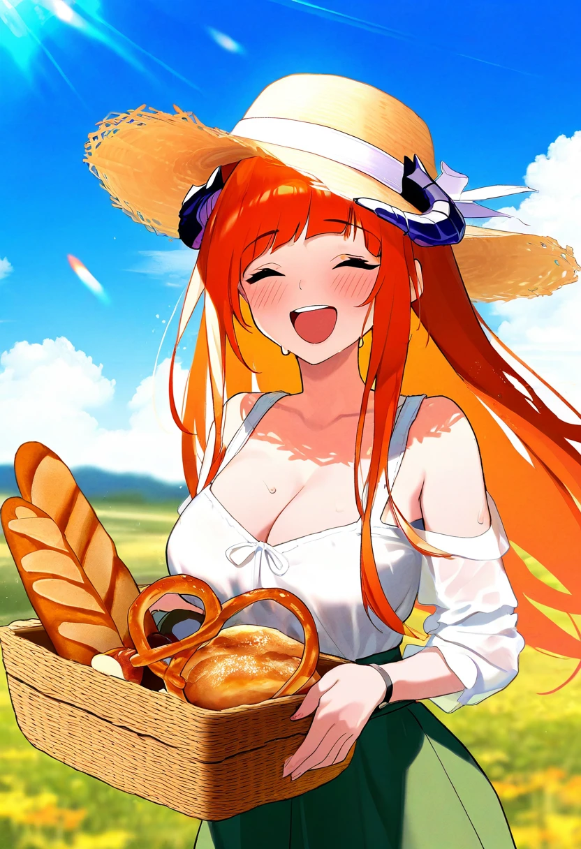 nanmokak, - 1girl,bagpipe \(arknights\),arknights,baguette,blush,bread,croissant,holding basket,pretzel,upper body,straw hat,field,sky,laughing,sweat,sunlight,